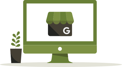 Google Business Profile storefront illustration on a desktop monitor