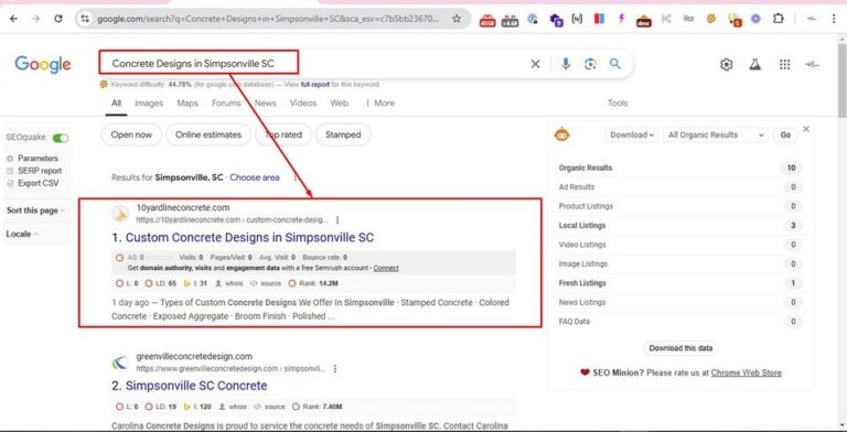 Google search results for 'Concrete Designs in Simpsonville SC' showing 10yardlineconcrete.com as the number one organic result