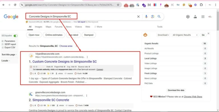 Google search results for 'Concrete Designs in Simpsonville SC' showing 10yardlineconcrete.com as the number one organic result