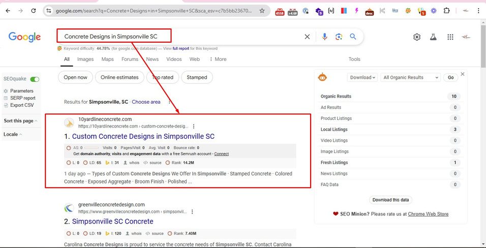 Google search results for 'Concrete Designs in Simpsonville SC' showing 10yardlineconcrete.com as the number one organic result