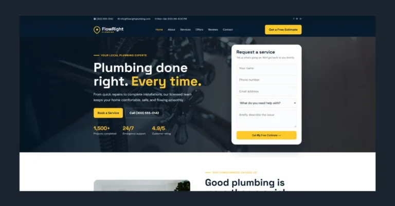 Plumbing website design concept with service information and an estimate request form.