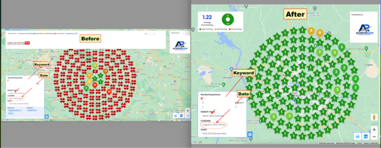Septic tank cleaning search maps: an earlier regional scan with mostly 20-plus positions and a later local scan with a 1.22 average ranking and mostly number-one pins.