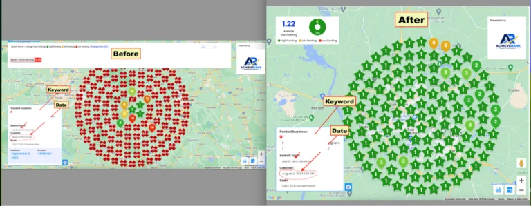 Septic tank cleaning search maps: an earlier regional scan with mostly 20-plus positions and a later local scan with a 1.22 average ranking and mostly number-one pins.