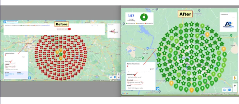 Portable toilet rental ranking comparison showing a 20+ baseline label and a later average of 1.57 across a smaller 113.10-square-mile area.