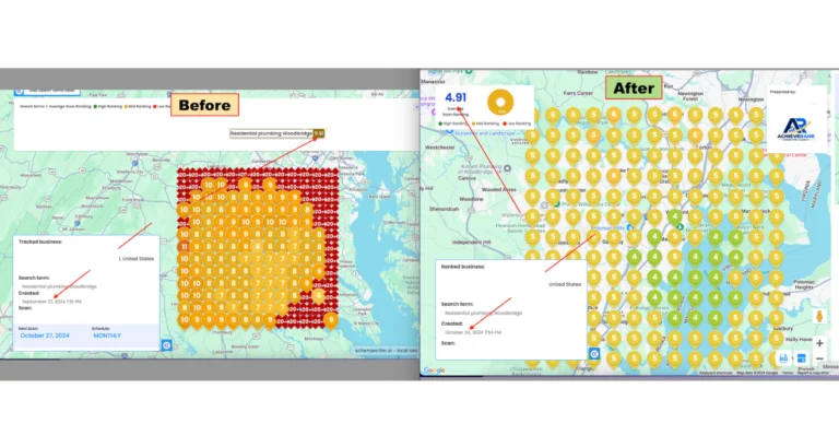 Before-and-after local ranking maps for residential plumbing in Woodbridge, Virginia, reporting average ranks of 11.91 and 4.91.
